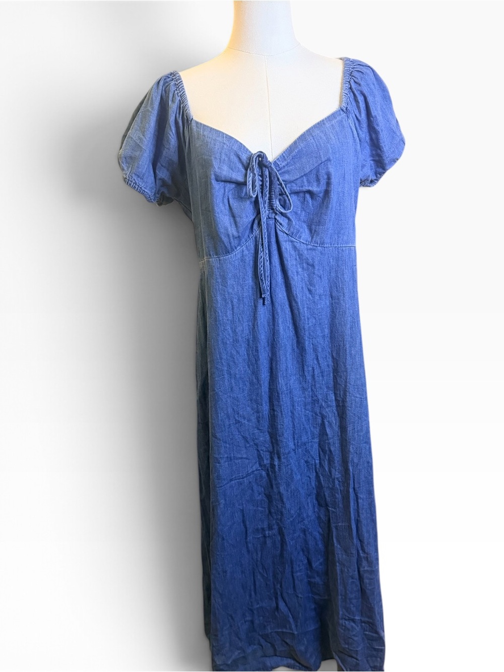 GAP Chambray Denim Midi Dress Puff Sleeve Smocked Back Size L